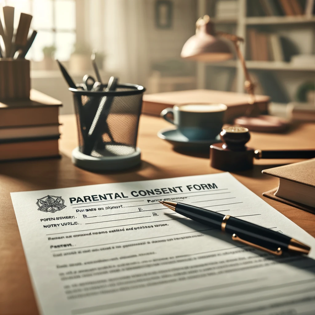 Understanding Parental Consent Forms: The Need, Process, and Legalities 9 "Close-up of a completed parental consent form on a desk with a pen, notary stamp, books, and a coffee cup, in a home office setting."